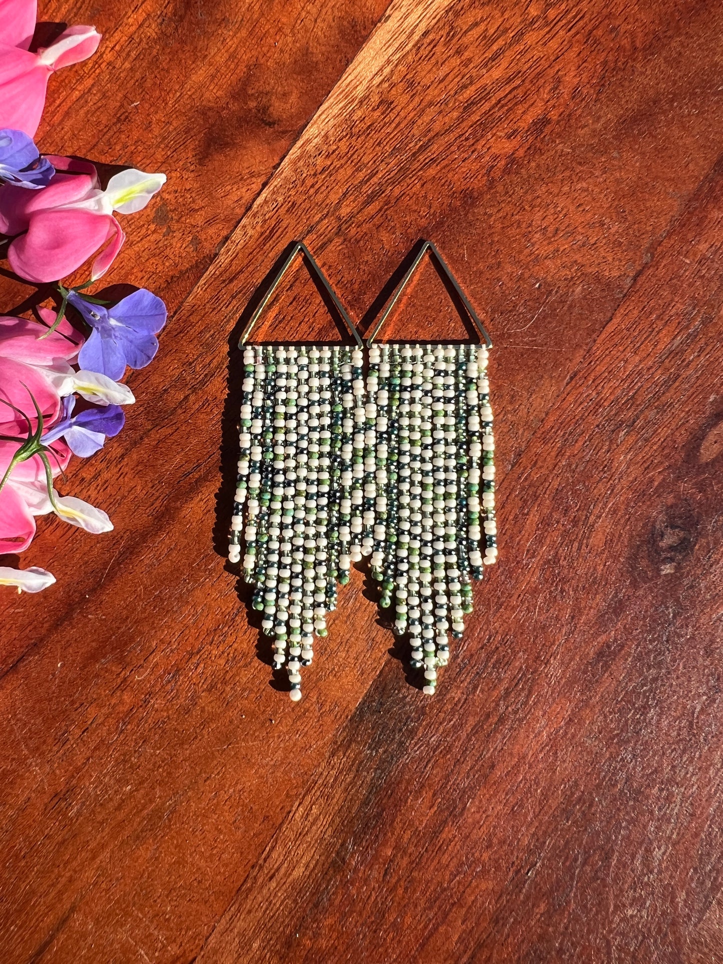 Bead Soup Fringe on Triangle Findings (Metallic Sage)