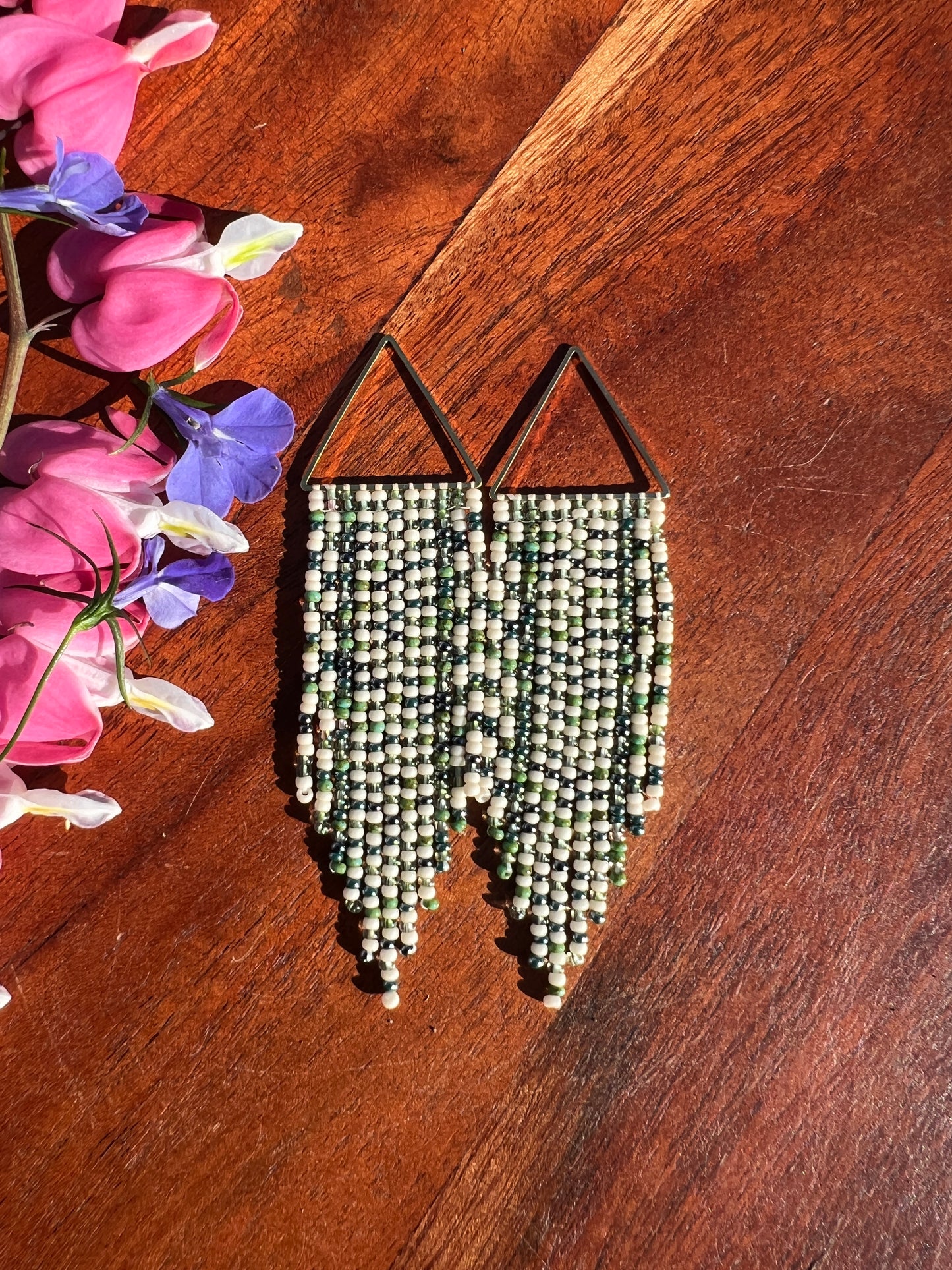 Bead Soup Fringe on Triangle Findings (Metallic Sage)